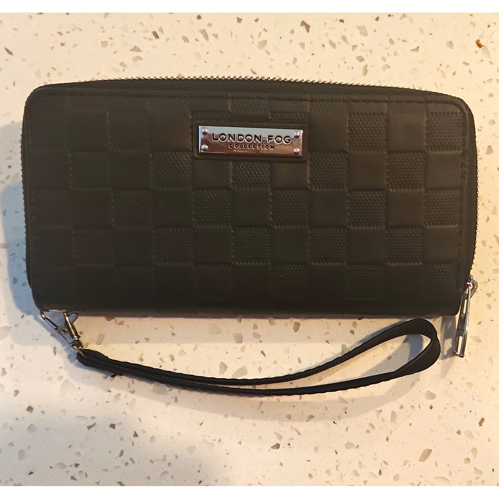 London Fog Women's Black Check Zip-Around Wristlet Wallet w/ Strap, Credit Card